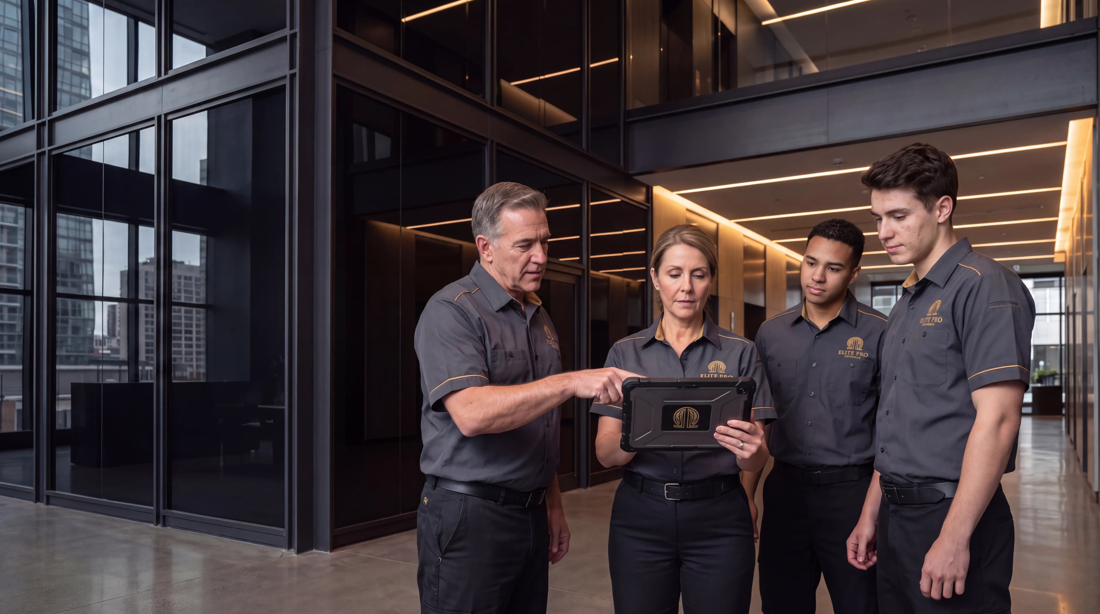 Équipe de professionnels Elite Pro Services dans un environnement commercial moderne
