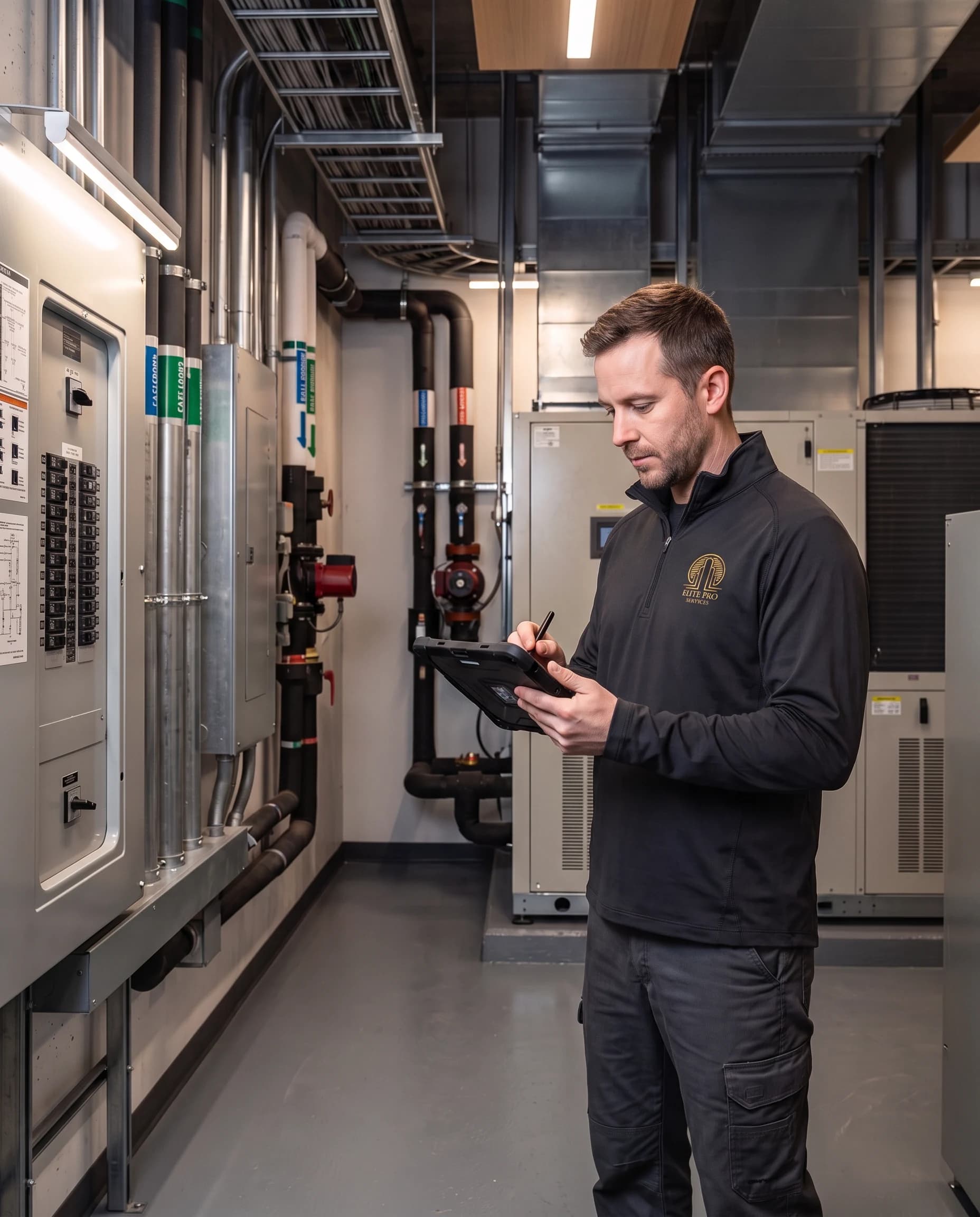 Technicien en intervention technique dans une installation commerciale moderne