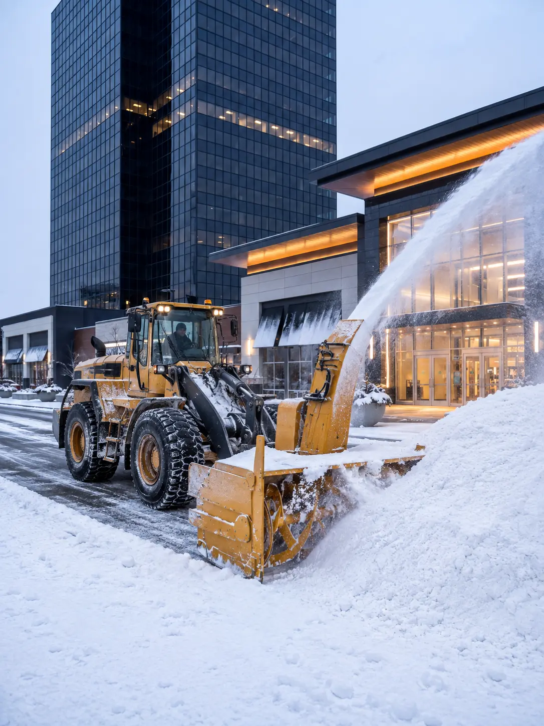 Déneigement d’un stationnement commercial en hiver